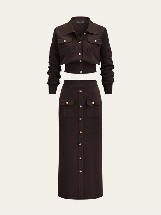 Commense Dresses & Skirts - Commense Metal Button Collared Cardigan and Midi Skirt Set